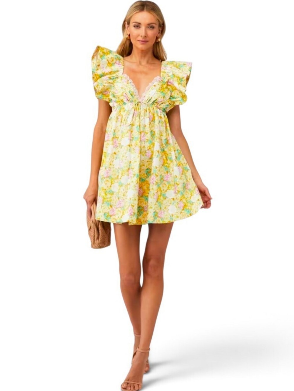 FOR LOVE & LEMONS Tamra Ruffle Shoulder Tie Back Floral Babydoll Dress - Medium